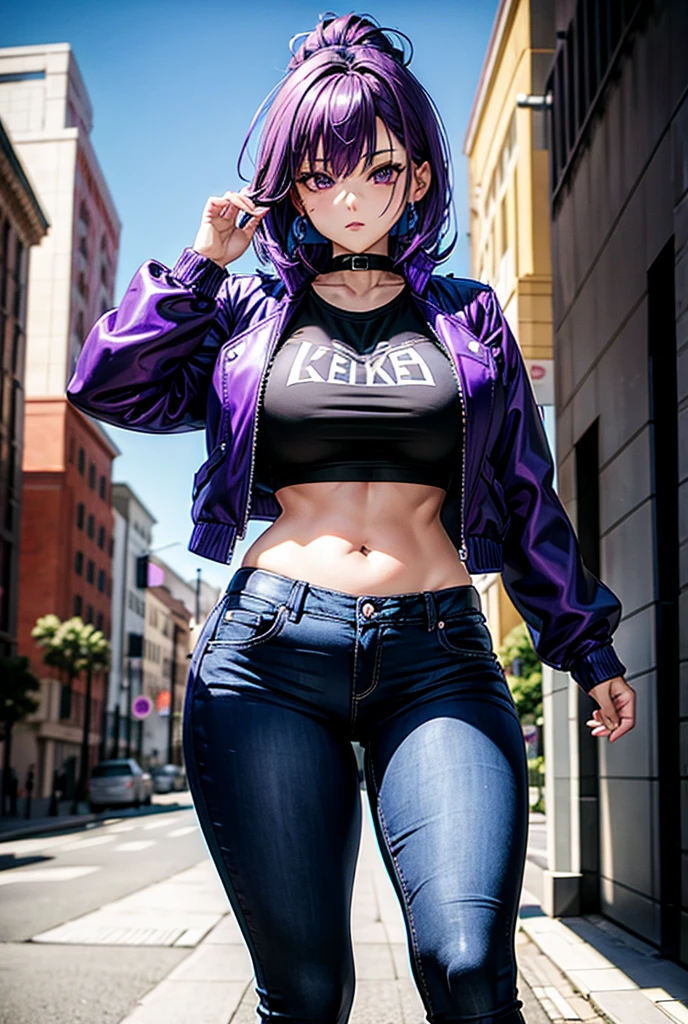 Ssxy woman, bra and panties, short purple hair, knee high socks, sneakers, outside, on phone, busy street, casually standing, full body, crowded area, voyeurism