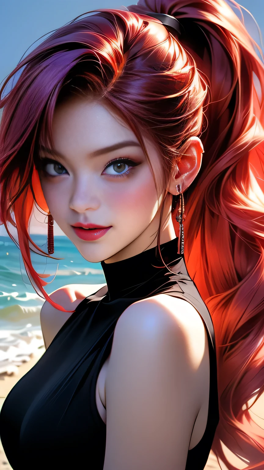 araffes with Red Hair is getting her hair done, Purple highlights, Red Hair, UV highlights, flowing, masterpiece, 最high quality, high quality, High resolution､((Pose＿random)), The line of sight is this、((ponytail)), ((At the beach at night)), Pose＿random, (((Upper body portrait)))､Upper body portrait､smile