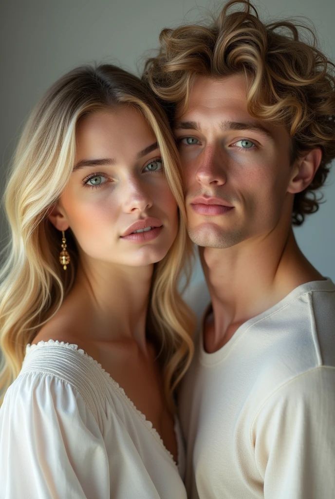 1girl with her male holding his hand partner in, 19, Solo, Long hair, Colossal , Looking at Viewer, blondehair, Bare shoulders, Brown eyes, jewely, Full body, a necklace, off shoulders, Sweaters, Realistic, A sexy