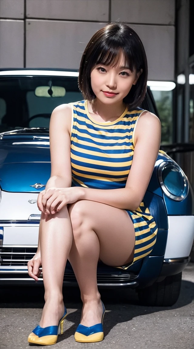 20 years old girl sitting on the ground sheet in front of a retro car, vintage, retro pin up style, sexy, detailed everything, surprised, mini tight skirt, flowing skirt, colorful , orange and teal color scheme, masterpieces art work, illustrated,