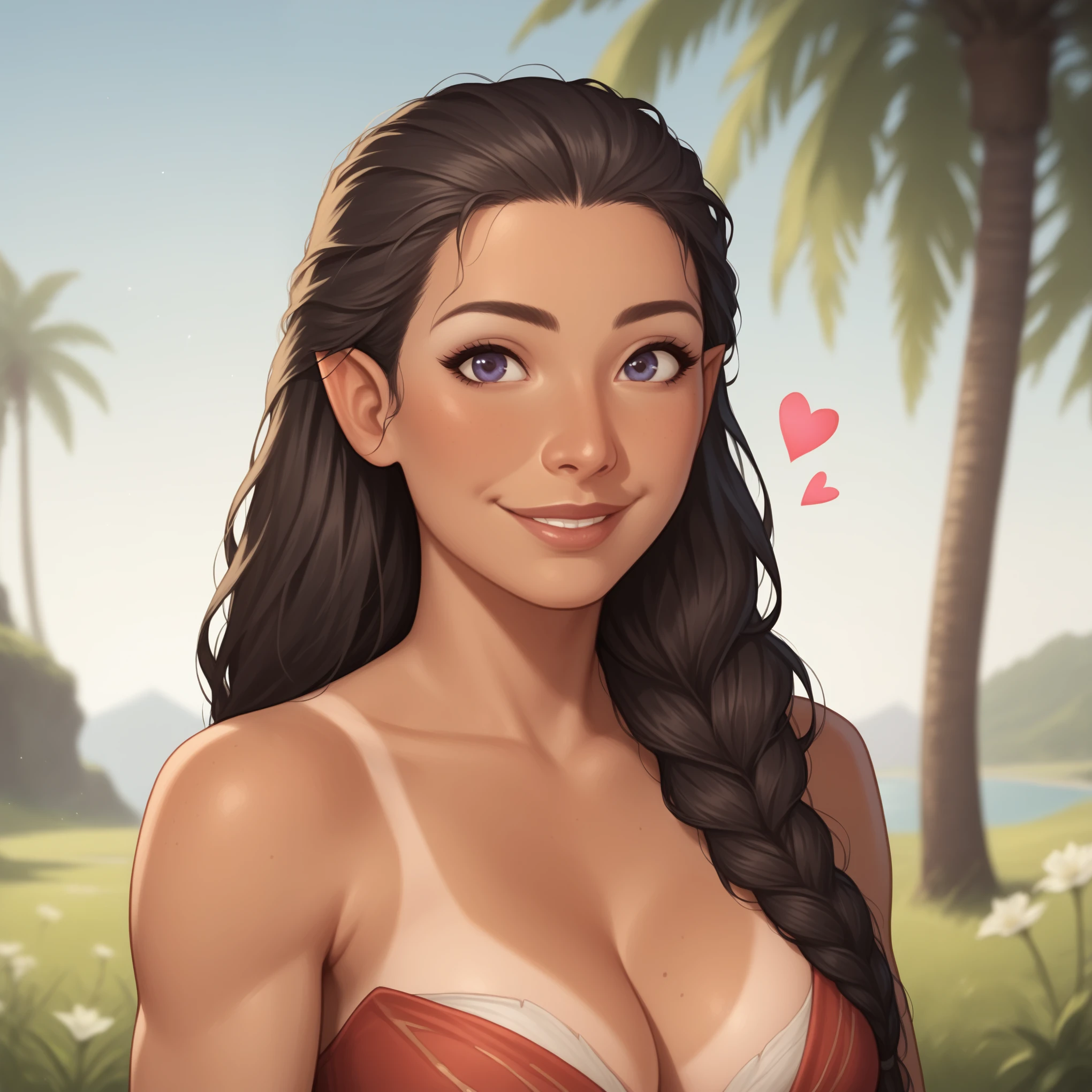 (((high quality, comics style, detailed face))), score_9, score_8_up, score_7_up, BREAK, bust shoot view, solo, 1woman, a Westerosi girl, Polynesian, half-elf, 18 years-old, short pointed ears, wearing a long regal dress, sun-tanned complexion, tall, athletic, busty, cleavage, dark hair, long hair, waist-length hair, attractive smile, (heart shape), dynamic pose, posing in a field of wildflowers, fantasy outside, blurred background, Expressiveh, detailxl