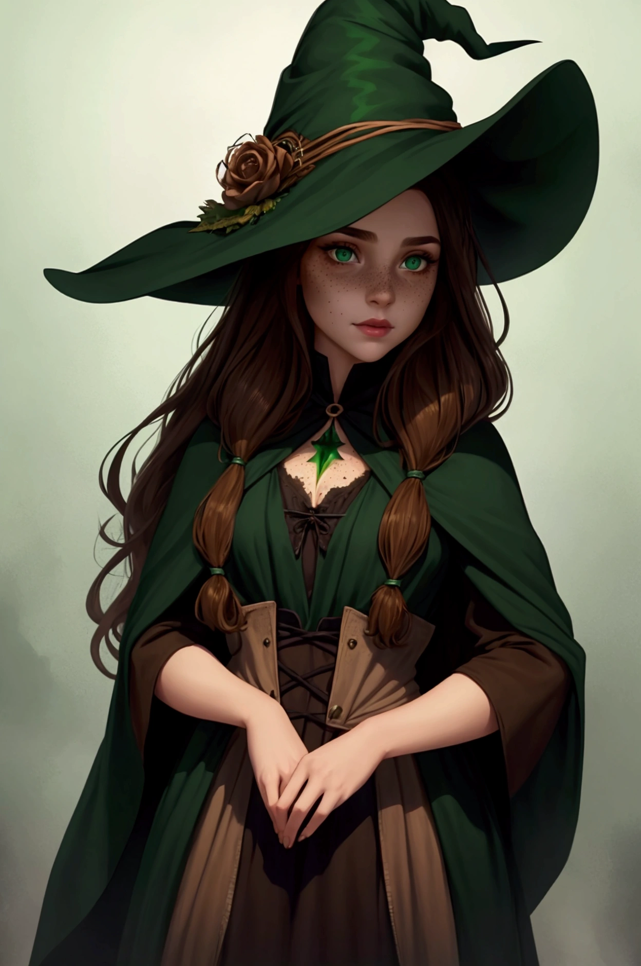 (best quality, masterpiece, realistic, detailed), 8k CG, perfect artwork, 1 girl, adult hungarian woman, slender, freckles, solo, teal eyes, light brown long hair, portrait, looking down, solo, (full body:0.6), detailed background, light smile, witch hat, witch, magical atmosphere, hair flowing in the wind, green trimmed dark colored clothes, colorful glowing magic spell in the air, swirling portal, dark magic, (style-swirlmagic:0.8), floating particles, dark sinister forest background, updraft, backlighting,