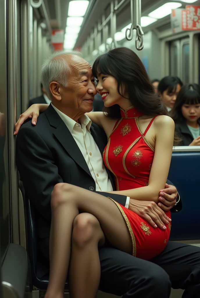 In a crowded subway car, a captivating scene unfolds. An 80-year-old Japanese man sits on one of the few available seats, his small frame contrasted by the tall, young Chinese woman perched on his lap.

The woman is stunningly beautiful with flawless porcelain skin, smooth and radiant. Her hair is styled with straight bangs above her eyebrows, the rest in soft, bouncy curls framing her round, doll-like face. She possesses a devil's figure - an hourglass shape with ample bosom, tiny waist, and rounded hips. Her long, shapely legs are adorned with delicate suspender stockings, the thin straps peeking out from beneath her form-fitting red cheongsam with golden patterns.

A coy, seductive smile plays on her full lips as she gazes at the man, her eyes sparkling with mischief. Her arms are draped around his neck, her smooth skin a stark contrast to his wrinkled, weathered visage. The man's gnarled hands, marked with prominent veins, rest gently on her waist.

Other passengers steal glances at this unlikely pair - the woman's flawless beauty and alluring demeanor a striking contrast to the man's aged appearance. Despite the public setting, there's an undeniable intimacy between them, creating a visually arresting tableau amidst the mundane surroundings of the subway car.

This scene captures a moment of forbidden connection, the realistic details of their appearances and the woman's suggestive smile adding depth to their intriguing dynamic.