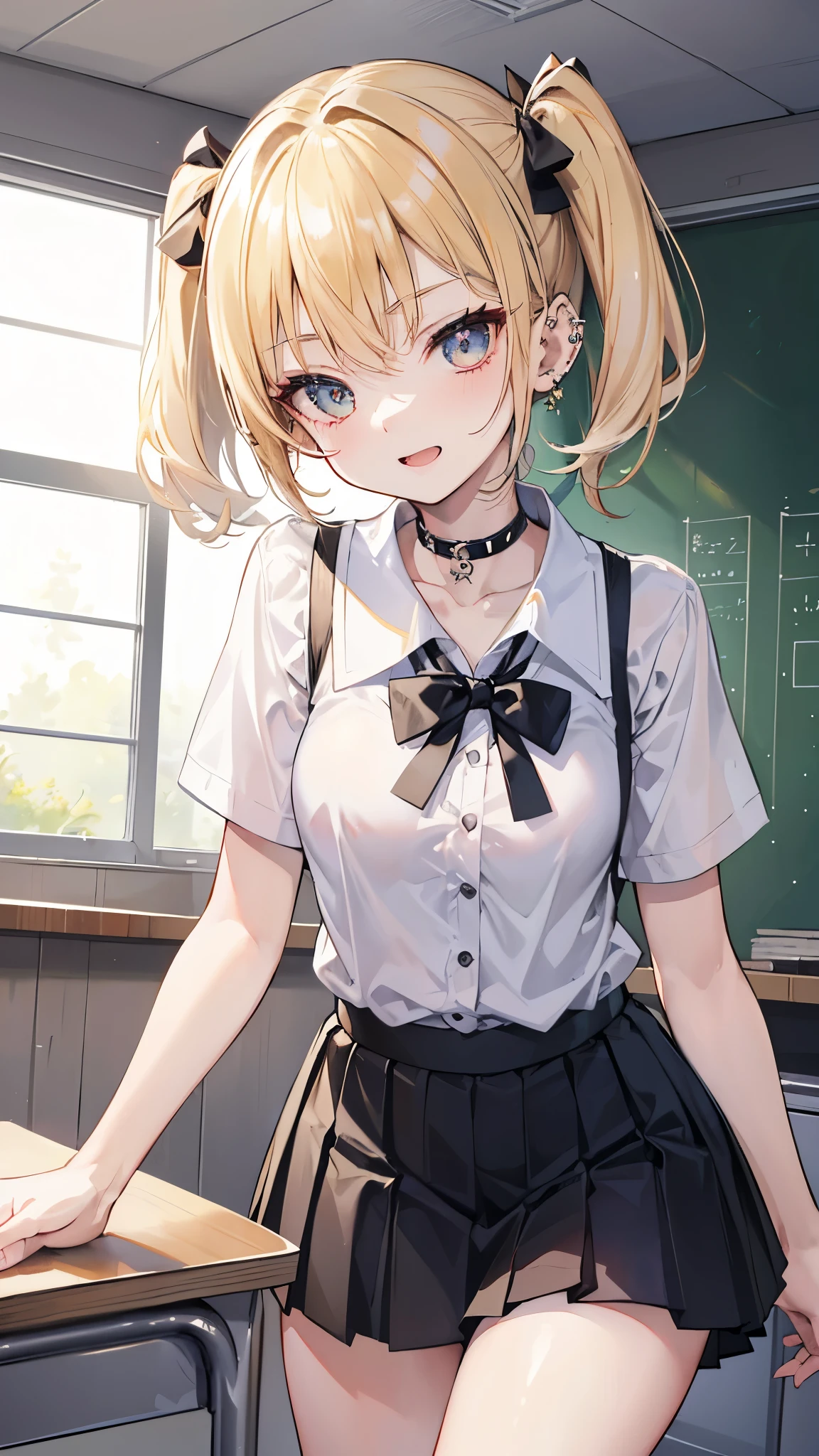 Realistic and detailed image of a girl in a school uniform with pleated plaid mini skirt. She has long wavy blonde hair in pigtails. Blue eyes. She has earrings, long eyelashes. she has small breasts, slim waist, very wide hips and thick thighs. smiling, pleased face. Legs open, panty view. Back arched. She is sitting in a classroom with sun rays at sunset.