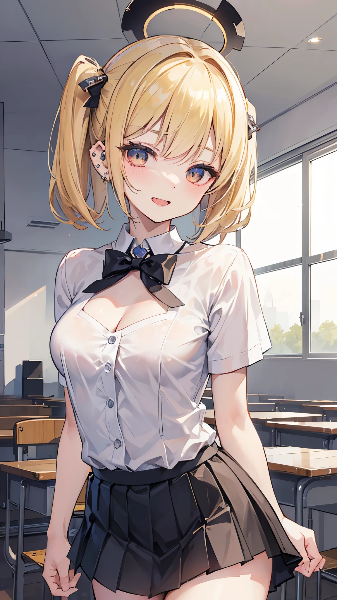 blonde, short hair, girl１, in the School classroom, (upper body), completely nude, (small nipples:1.2), (small areolas:1.2), kawaii, cute, 