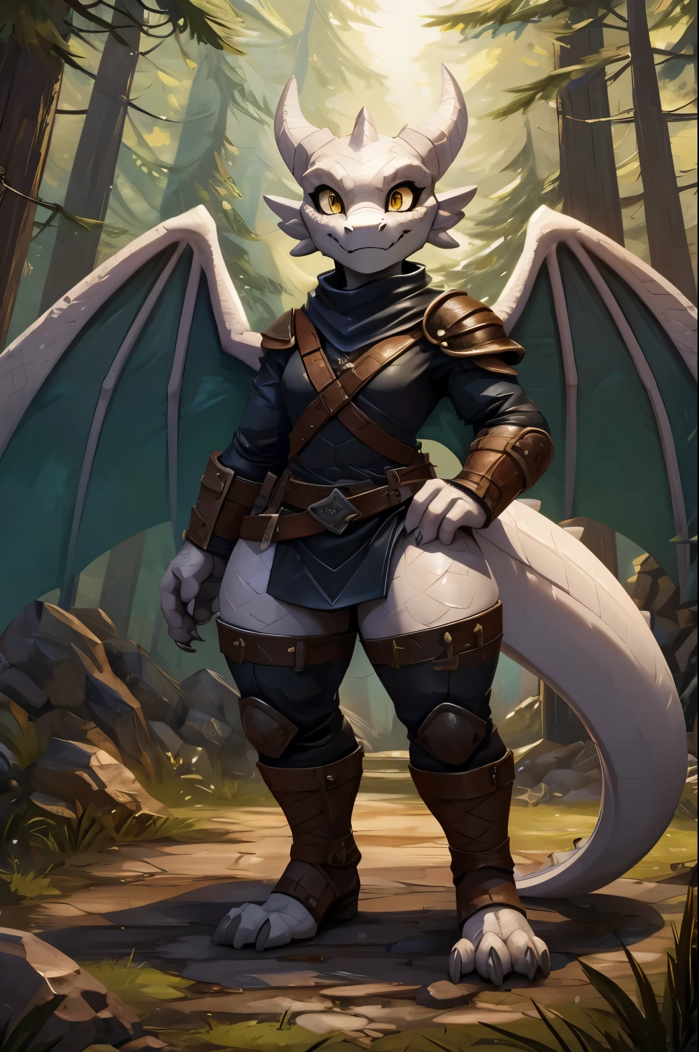 ((best quality)), ((good quality)), scalie, kobold, fighter, thick thighs, tail, claws, solo, white body, white scales, adventurer, forest, outdoors, smile, yellow eyes, looking at viewer, shortstack, perfect hands, leather armor, black tunic, dragon wings