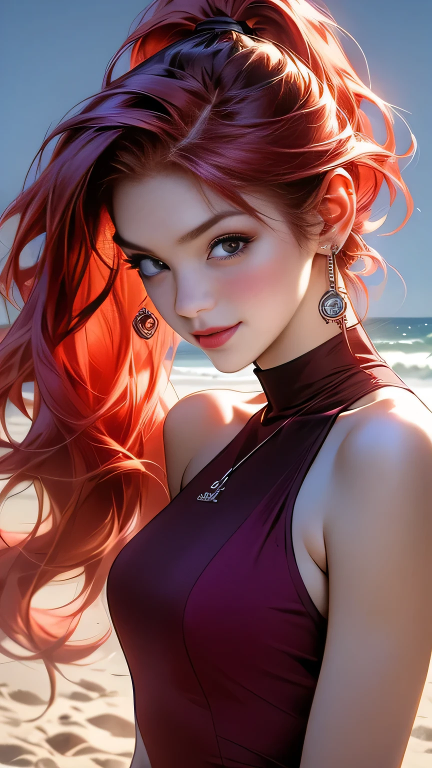 araffes with Red Hair is getting her hair done, Purple highlights, Red Hair, UV highlights, flowing, masterpiece, 最high quality, high quality, High resolution､((Pose＿random)), The line of sight is this、((ponytail)), ((At the beach at night)), Pose＿random, (((Upper body portrait)))､Upper body portrait､smile