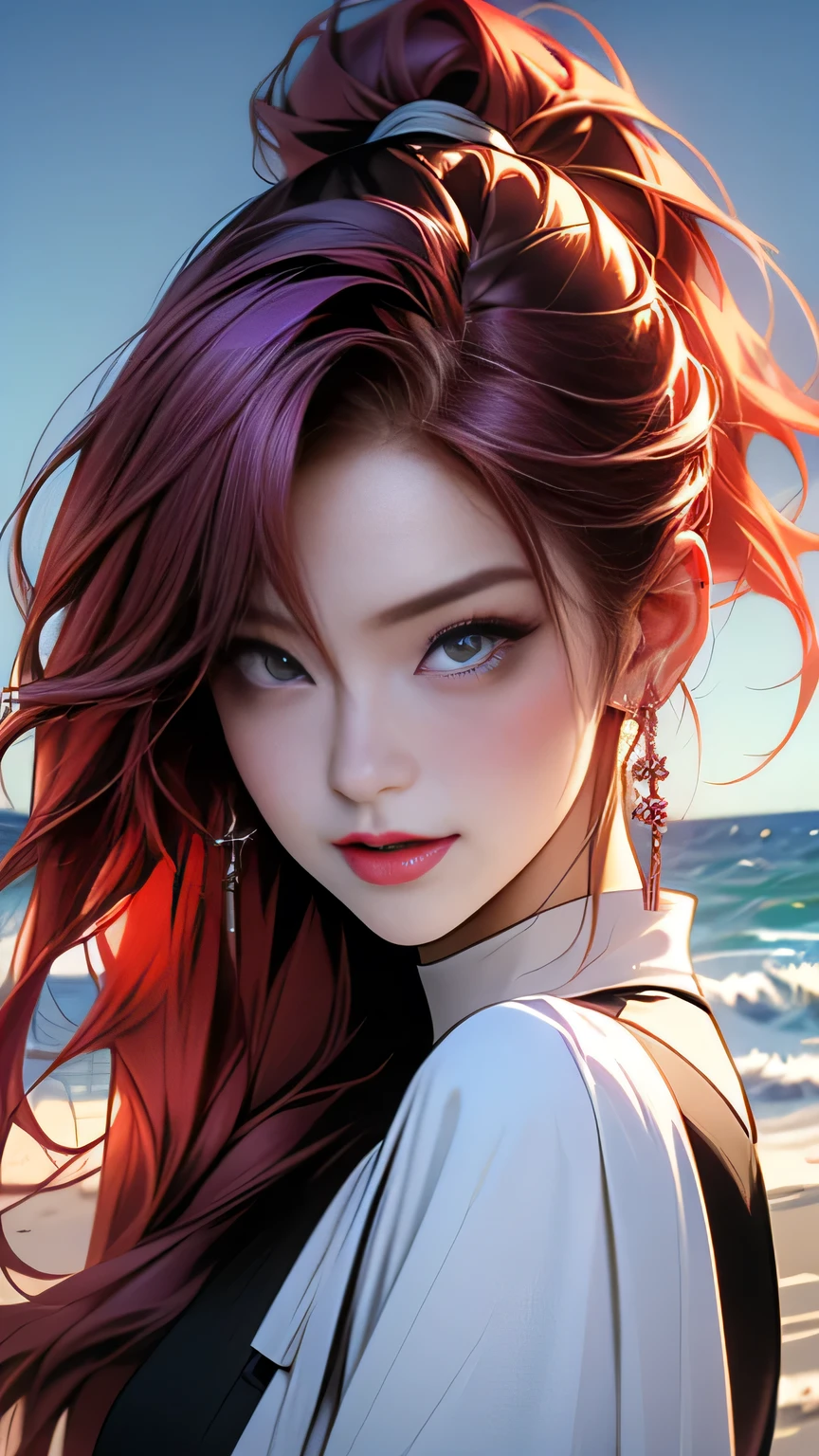 araffes with Red Hair is getting her hair done, Purple highlights, Red Hair, UV highlights, flowing, masterpiece, 最high quality, high quality, High resolution､((Pose＿random)), The line of sight is this、((ponytail)), ((At the beach at night)), Pose＿random, (((Upper body portrait)))､Upper body portrait､smile