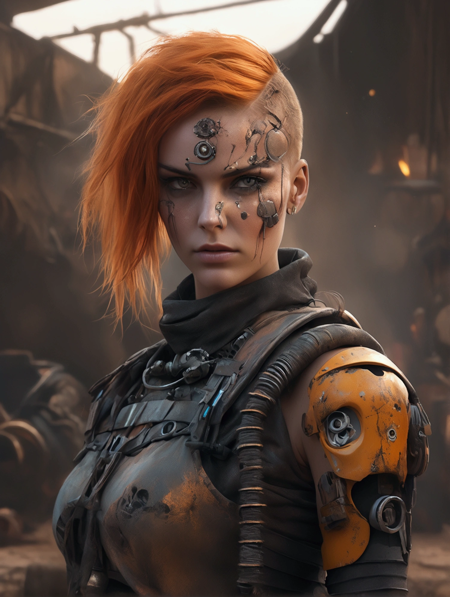 close up photo of sks woman, rugged space trucker, inside industrial spaceship, futuristic science fiction, action scene, digital concept art, realistic, intricate detailed textures, filmic, cinematic, environmental character portrait, <lora:locon_fuma_v1_from_v1_64_32:1.25>