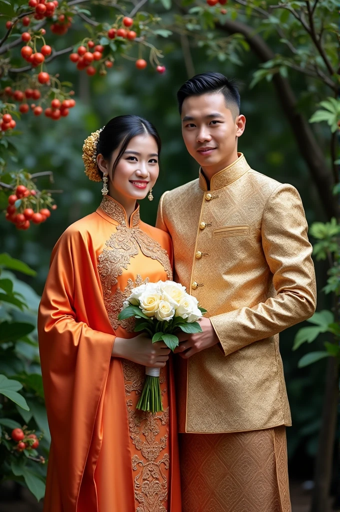 A Indonesian couple, likely in their 30s, standing together in a garden. The woman is wearing a kebaya Indonesia traditional with a long batik fabric , while the man is wearing a white collared shirt. They appear to be holding sarong and tie the cloth around your head