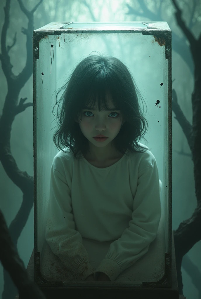 Abused 13 year old orphanage girl in the dark surrounded by shadowy figures and a glowing fiery butterfly in the distance