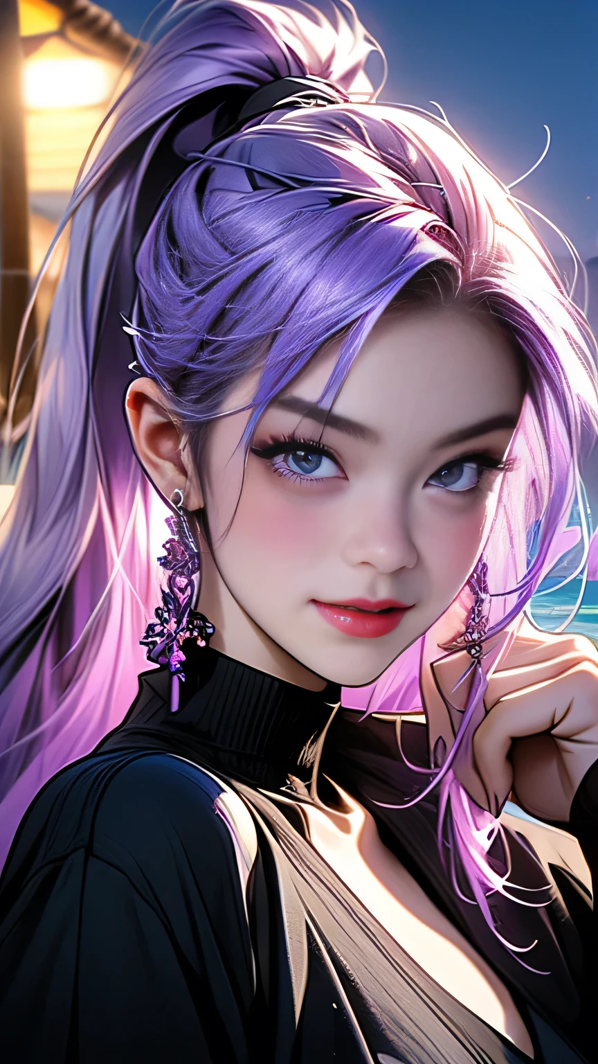 araffes with Purple Hair is getting her hair done, Purple highlights, Purple Hair, UV highlights, flowing Purple Hair, Purple long hair, Lilac Hair, Bright rainbow hair colors, masterpiece, 最high quality, high quality, High resolution､((Pose＿random)), The line of sight is this、((ponytail)), ((At the beach at night)), Pose＿random, (((Upper body portrait)))､Upper body portrait､smile