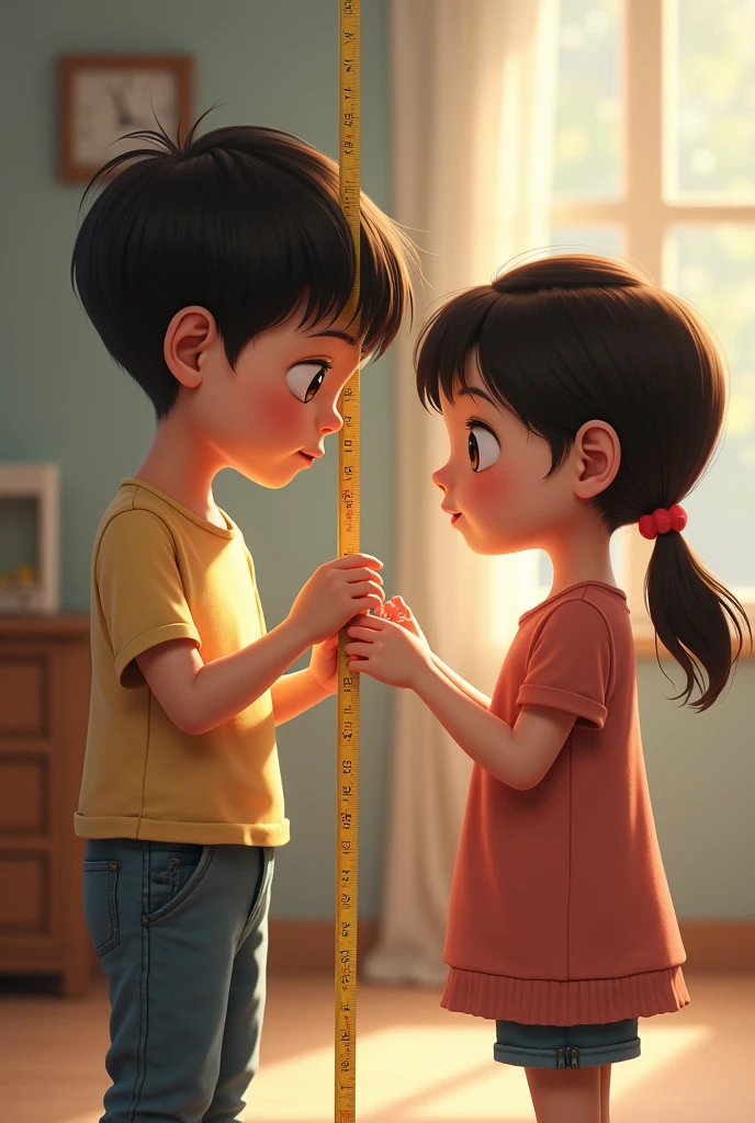 Boy measuring a girl's height with a tape measure Realistic
