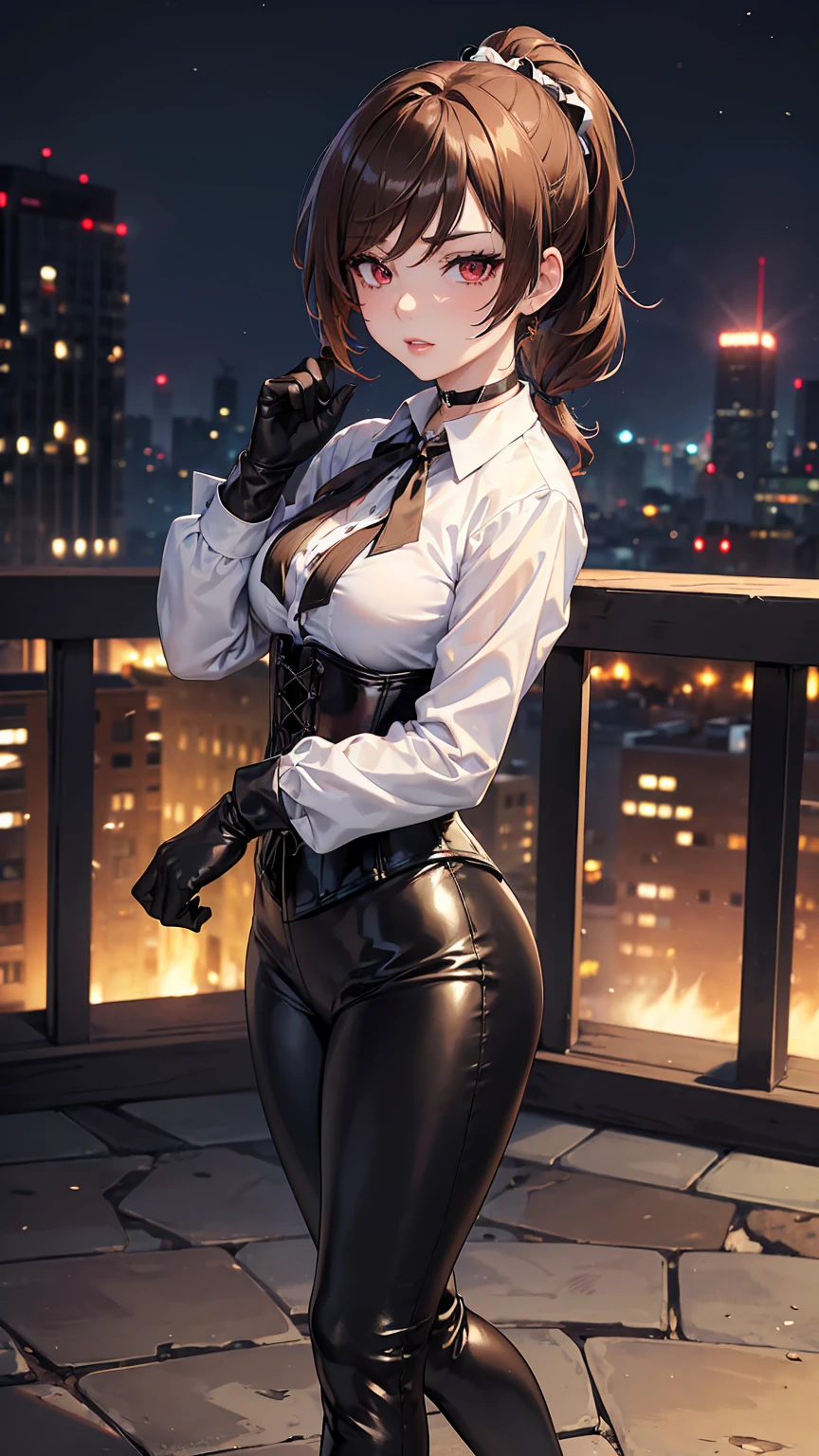 ((masterpiece)),(( The best quality)), (detailed), expressive eyes, (Perfect face), 1 girl, (Chiori, genshin impact), (brown hair short ponytail), (red eyes, aggressive eyes, detailed eyes), (sensual lips), (sensual expression), (slim build), View from the front, choker:1.6, (White collar button-down shirt with white long sleeves), Black gloves, gloves that cover the hands,  (black leather corset), (black shiny leggings), (black boots), (city at night), (standing),