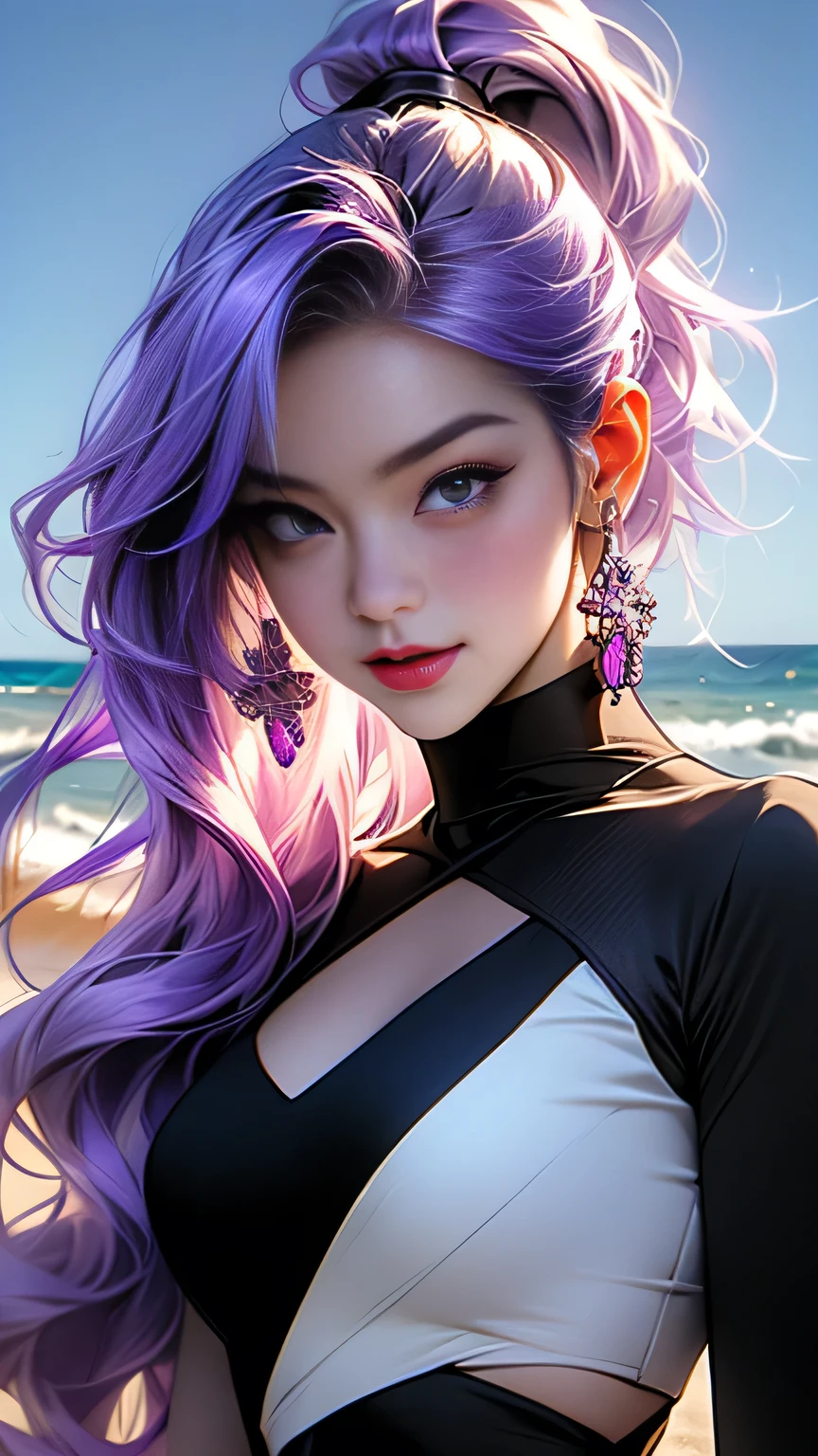 araffes with Purple Hair is getting her hair done, Purple highlights, Purple Hair, UV highlights, flowing Purple Hair, Purple long hair, Lilac Hair, Bright rainbow hair colors, masterpiece, 最high quality, high quality, High resolution､((Pose＿random)), The line of sight is this、((ponytail)), ((At the beach at night)), Pose＿random, (((Upper body portrait)))､Upper body portrait､smile