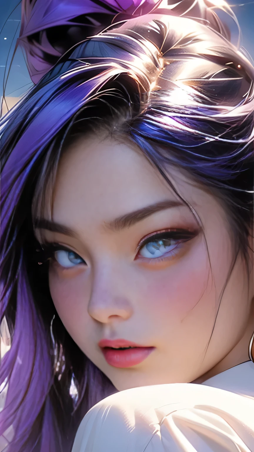 (((Face close-up)))､araffes with Purple Hair is getting her hair done, Purple highlights, Purple Hair, UV highlights, flowing Purple Hair, Purple long hair, Lilac Hair, Bright rainbow hair colors, masterpiece, 最high quality, high quality, High resolution､((Pose＿random)), The line of sight is this、((ponytail)), (((Face close-up)))､Face close-up､(With a crying face, A single tear)､((At the beach at night)), Pose＿random