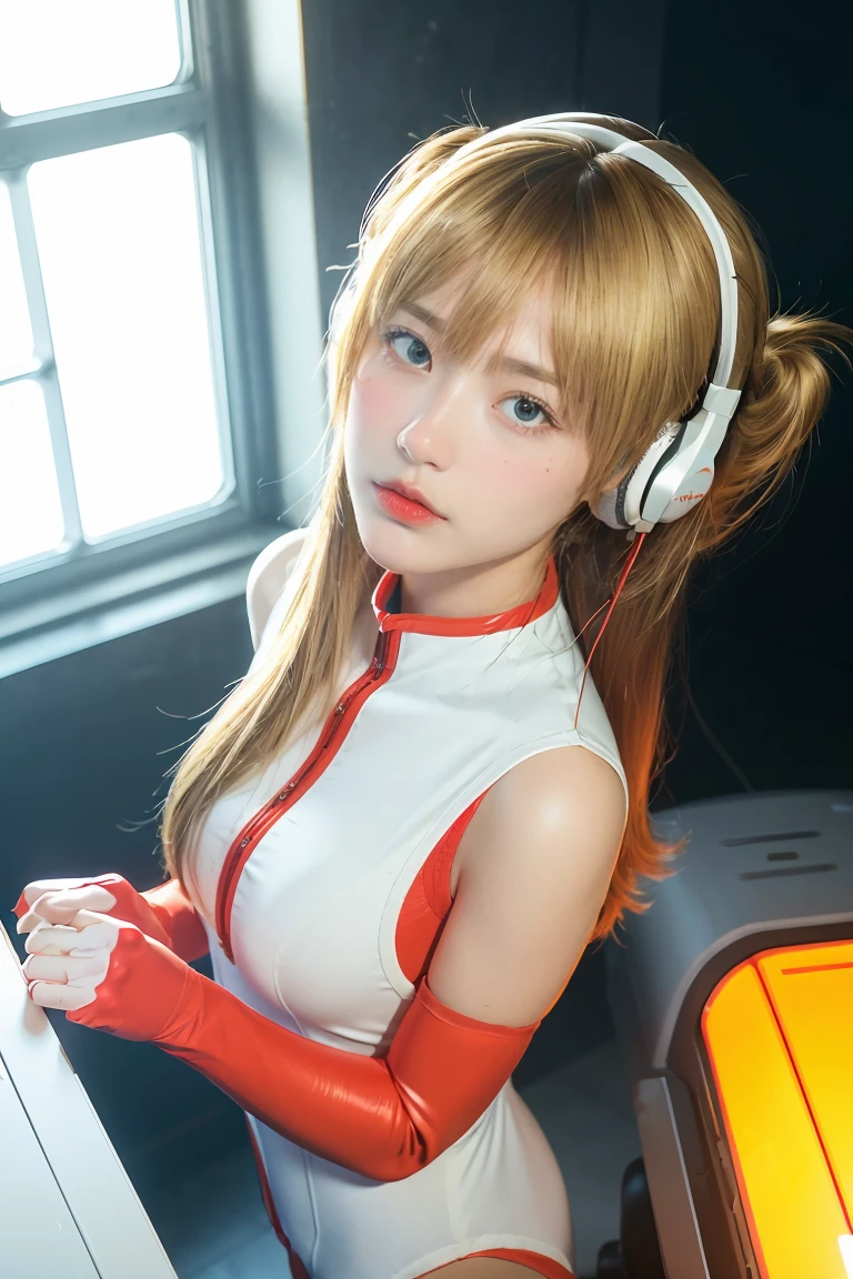 (Overhead view),dynamic angle,ultra-detailed, illustration, close-up, straight on, 1girl, 
 ((souryuu asuka langley, interface headset, red bodysuit:1.4, blonde)),Her eyes shone like dreamy stars,(glowing eyes:1.233),(beautiful and detailed eyes:1.1),(expressionless,closed mouth),(standing), 
(mechanic room with toolsand spaceship windowin a white SPACESHIP),
(night:1.2),dreamy, [[delicate fingers and hands:0.55]::0.85],(detail fingers),