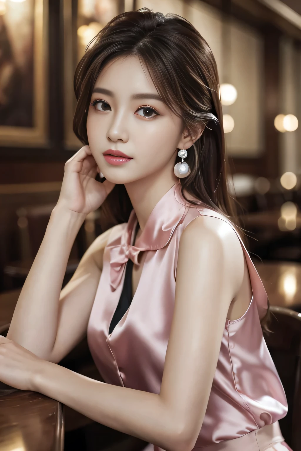 masterpiece, Highest quality, Realistic, Very detailed, Finer details, High resolution, 8k wallpaper, One beautiful woman, Wear a pretty colored silk shirt, In a great restaurant, At night, Light brown messy hair, Perfect dynamic composition, Beautiful and beautiful eyes、Big earrings、chest、Sleeveless shirt、