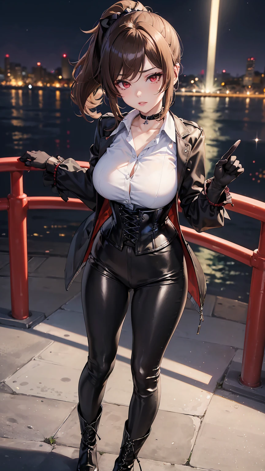 (masterpiece:1.2, highest quality), (realistic, photorealistic:1.4), beautiful illustrations, 
looking at the viewer, whole body, Front view:0.6, 
((1 female:1.9)),  ((brown hair, short hair:1.7)), ((medium breasts:1.6)) 
beautiful hair, beautiful face, beautiful and detailed eyes, (yellow eyes:1.3), beautiful clavicle, beautiful body, beautiful breasts, beautiful thighs, beautiful feet, beautiful fingers, perfect anatomy:1.3, perfect anatomy
(street:1.4)
((Collarless jacket:1.8, shirt, wide pants:1.3, choker:1.6)), 
((put your left hand on your chest, open your legs:1.3)), 
(Look at the viewer while blushing:1.3)