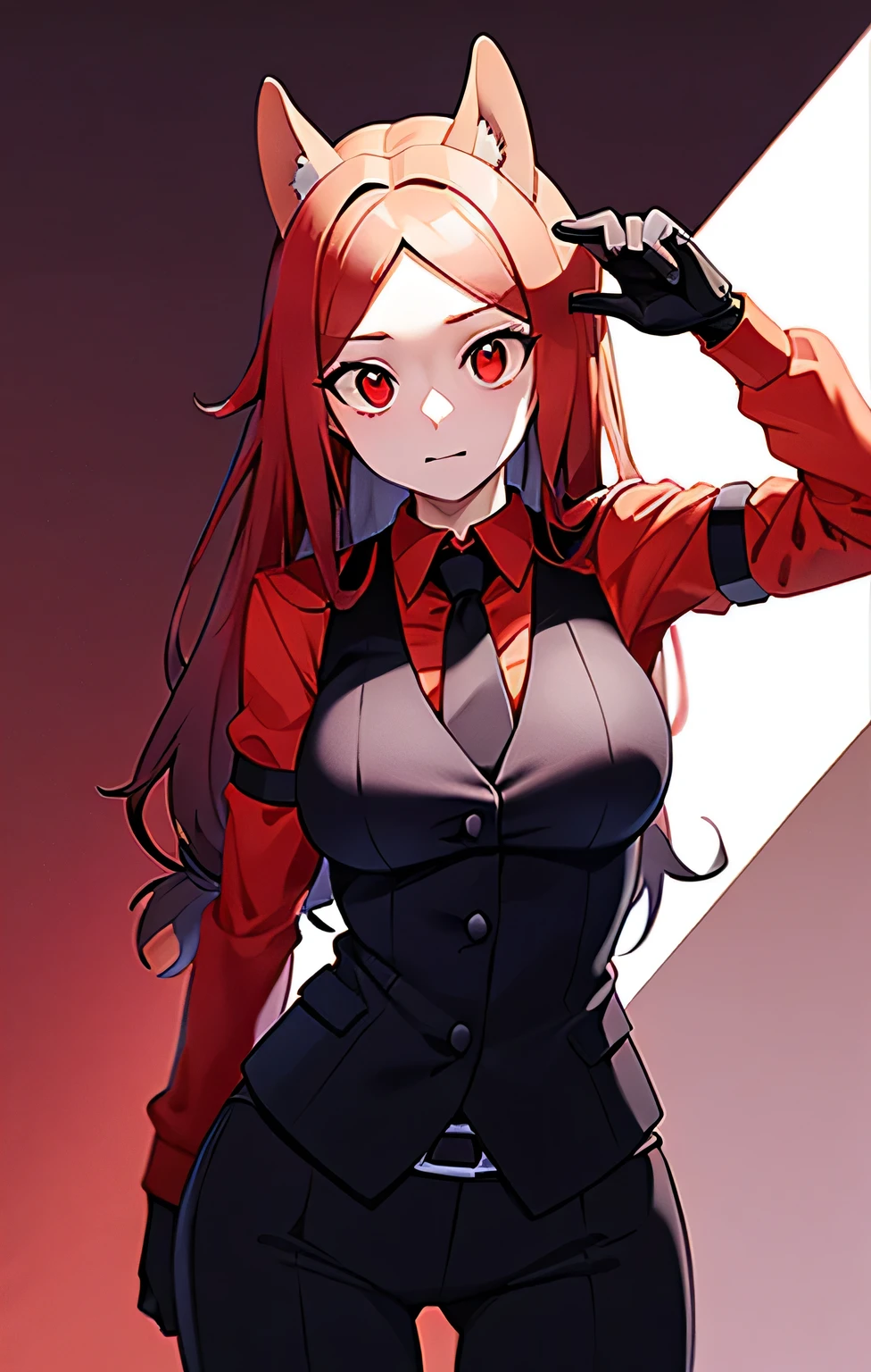 score_9, score_8_up, score_7_up, score_6_up, score_5_up, score_4_up, BREAK, source_cartoon, source_anime, solo girl, cerberus \(helltaker\), red hair, long hair, red eyes, dog ears, red shirt, red gloves, red necktie, black pants, red vest, necktie, looking at up, simple background
