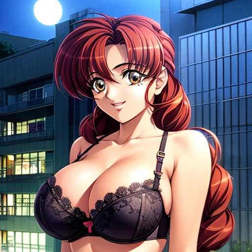 、beautiful girl、Big Breasts、Beautiful breasts、Black underwear、smile、Twin Roll Hair Red,Background: Residential area at night