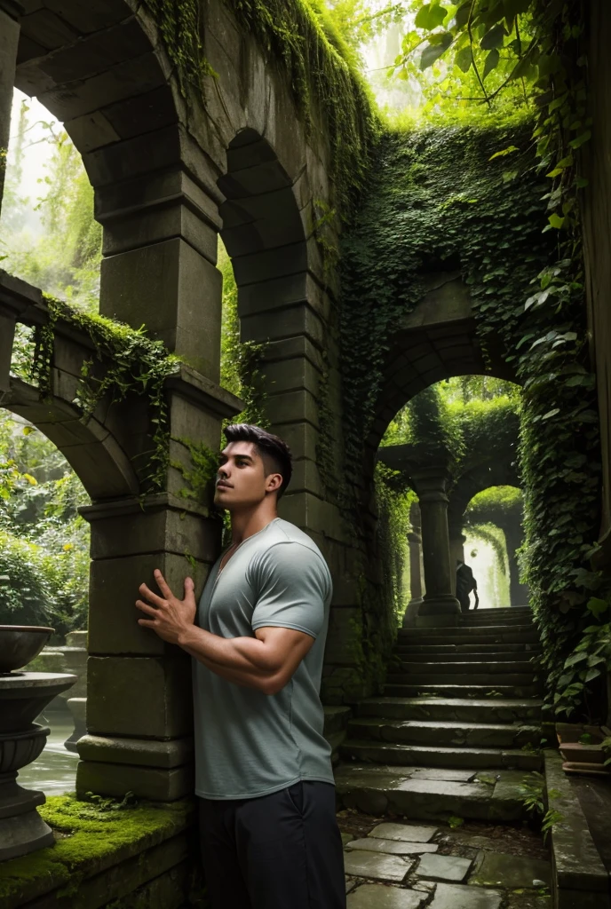 UHD, A strong, handsome man with a muscular build explores the remnants of an old, overgrown garden ruin. His gray shirt hugs his defined biceps, and his rugged features are softened by the dappled sunlight breaking through the overhanging vines. Moss-covered stone pillars rise around him, and wild roses and ivy crawl up the ancient structures. His dark eyes reflect curiosity as he pushes aside thick ferns, revealing hidden stone paths and forgotten statues. The scent of damp earth and blooming jasmine fills the air, and the faint trickle of water from a nearby hidden fountain creates a tranquil atmosphere. He stands tall, a mix of strength and calm amidst the untamed beauty of the garden