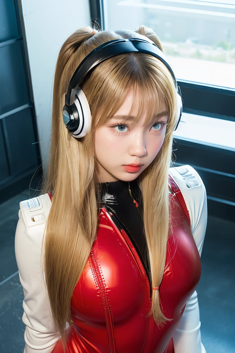 (Overhead view),dynamic angle,ultra-detailed, illustration, close-up, straight on, 1girl, 
 ((souryuu asuka langley, interface headset, red bodysuit:1.4, blonde)),Her eyes shone like dreamy stars,(glowing eyes:1.233),(beautiful and detailed eyes:1.1),(expressionless,closed mouth),(standing), 
(mechanic room with toolsand spaceship windowin a white SPACESHIP),
(night:1.2),dreamy, [[delicate fingers and hands:0.55]::0.85],(detail fingers),