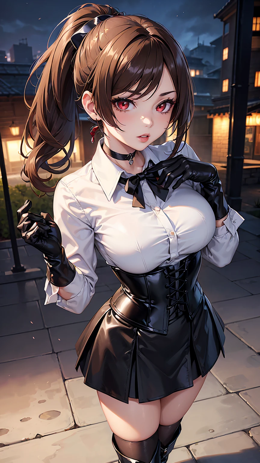Young girl, uniform, front, brown hair, ponytail, Titty fuck, Semen in the chest
