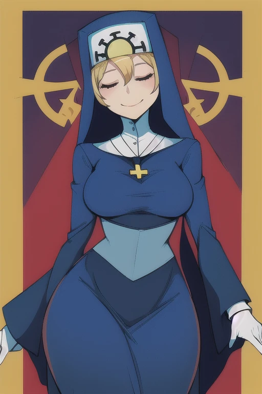 Double, short blonde hair, medium breasts, solo, smiling,  cowboy shot,   closed eyes, 
DBnun, blue habit, cross necklace ,long sleeves,
(insanely detailed, beautiful detailed face,beautiful detailed eyes, masterpiece, best quality)
church,  <lora:Double-10v3:1>