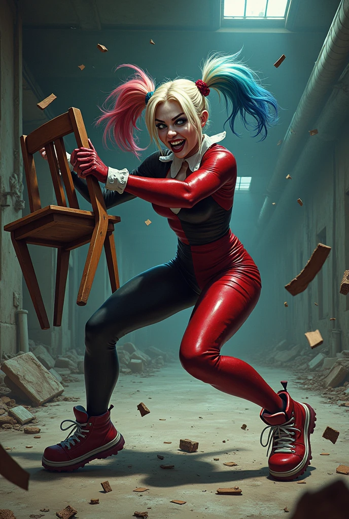 Harley Quinn, pissing on viewer, ruined bathroom, cum everywhere