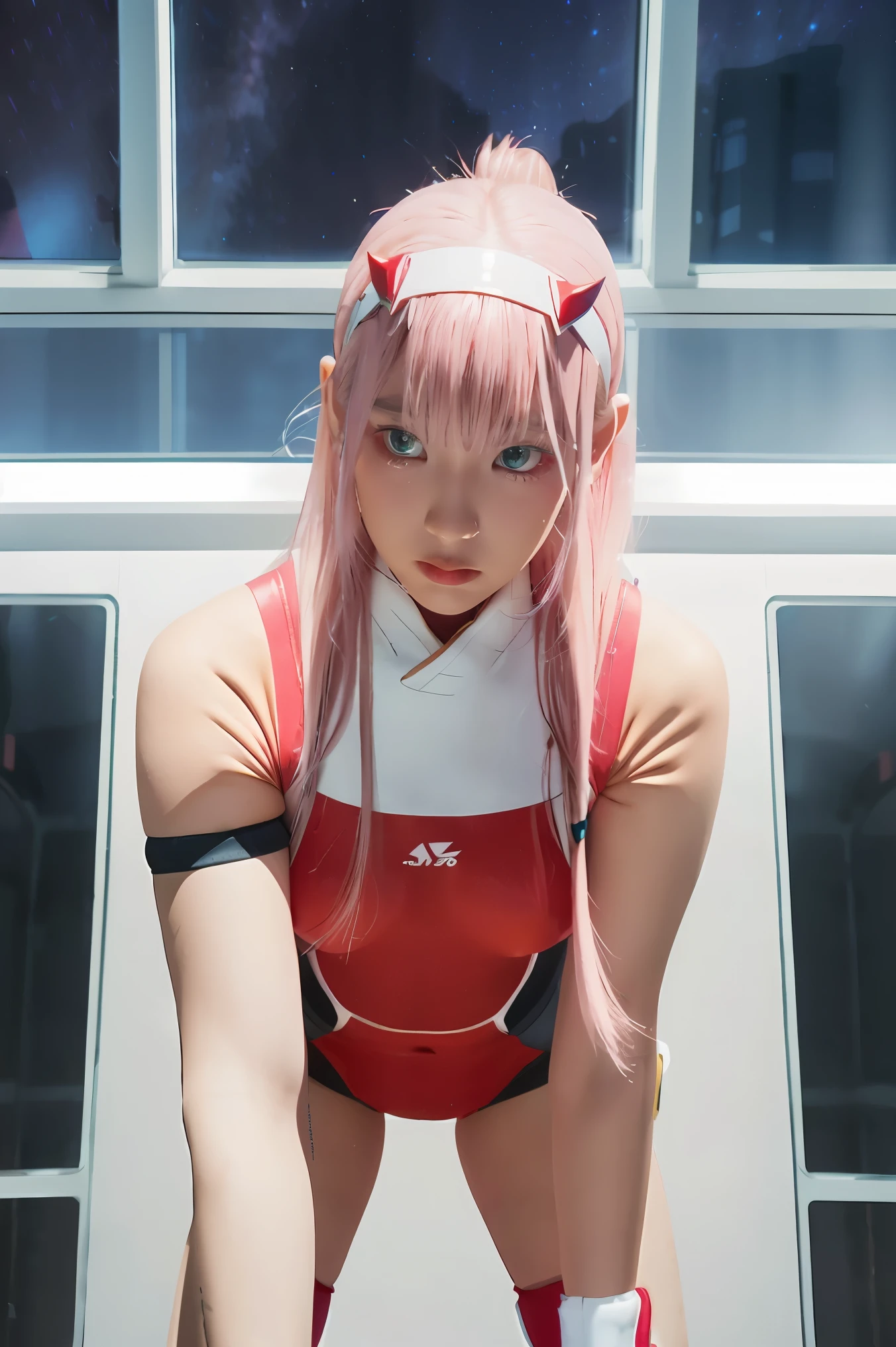 dynamic angle,ultra-detailed, illustration, straight on, 1girl, ((Zero two, interface headband with a pair of horns, red bodysuit:1.4, pink hair)), Her eyes shone like dreamy stars,(glowing eyes:1.233),(beautiful and detailed eyes:1.1),(expressionless, closed mouth),(standing), (mechanic room with tools and spaceship window in a white SPACESHIP), (night:1.2), dreamy, dynamic pose,