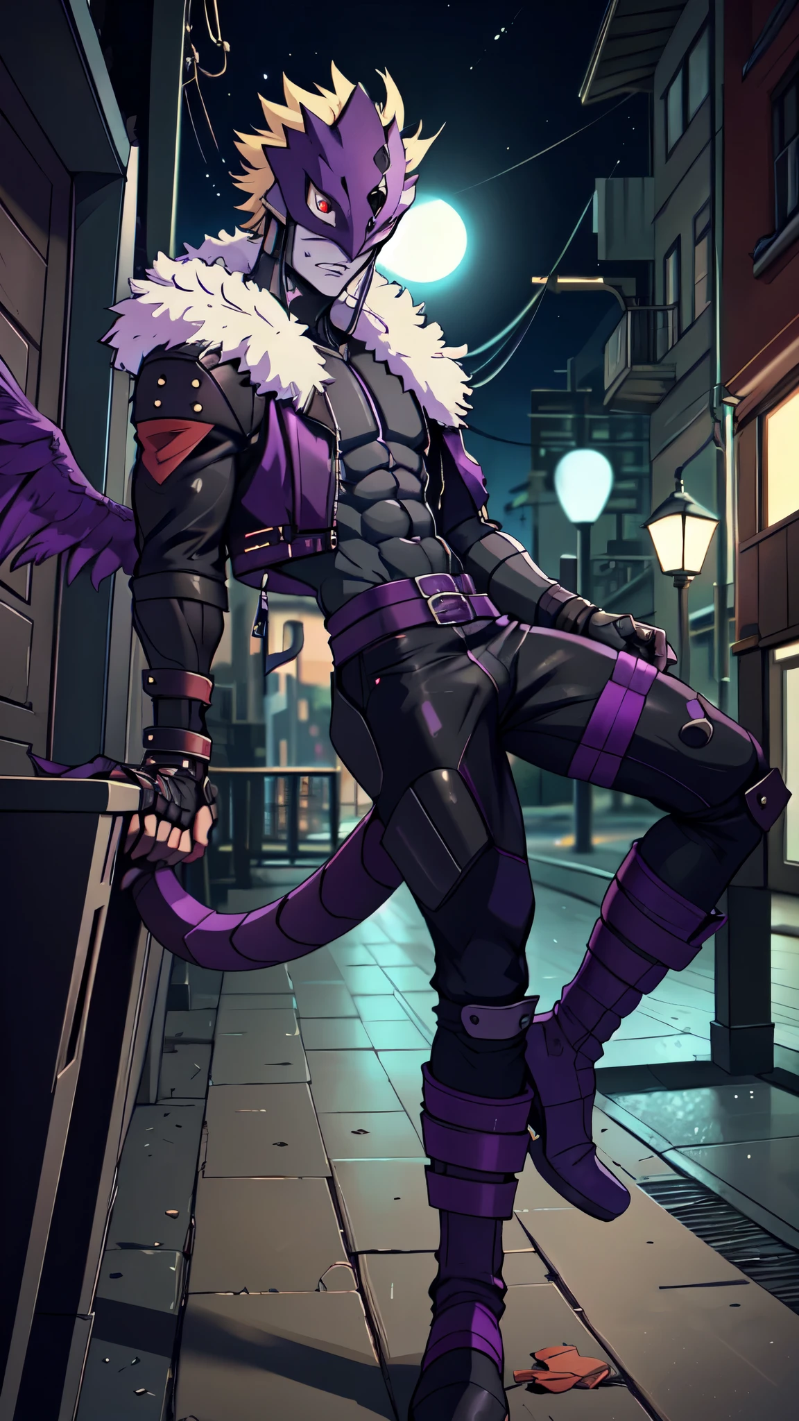 Beelzemon, male_character, grey_skin, black_wings(symmetrical style), fitness, best quality, masterpiece, biker clothing, handsome, black pants, leather belts, face detailed, sexy lips, trestle half mask(purple color), Digimon, leather jacket, tail, fur trim, red eyes, leather boots, (dynamic pose:1.2), night scene, extremely detailed CG unity 4k wallpaper.