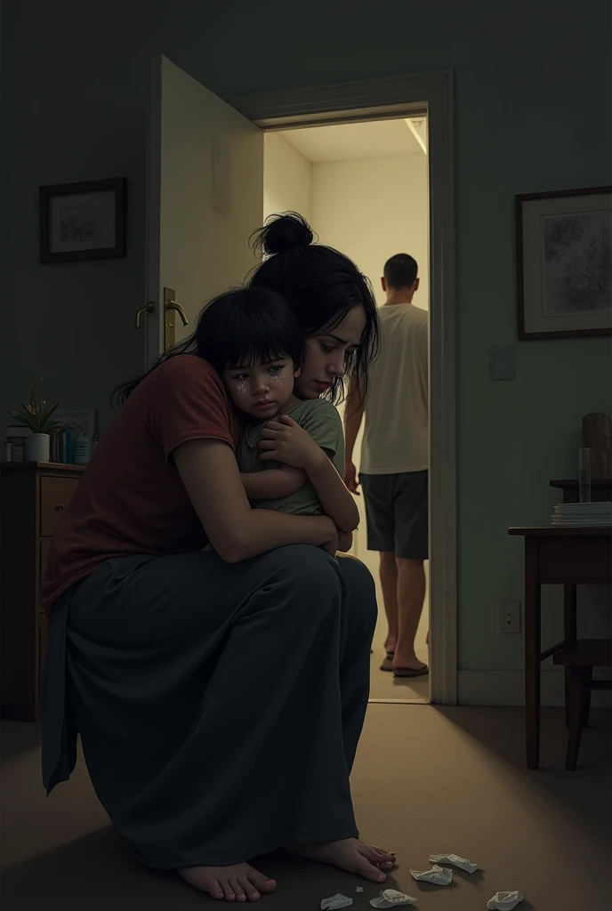 3D,Animated comic quality,Night,Inside high-rise buildings,inside a room,Mom holding the baby,weeping,Sad and scared。The child is afraid,weeping