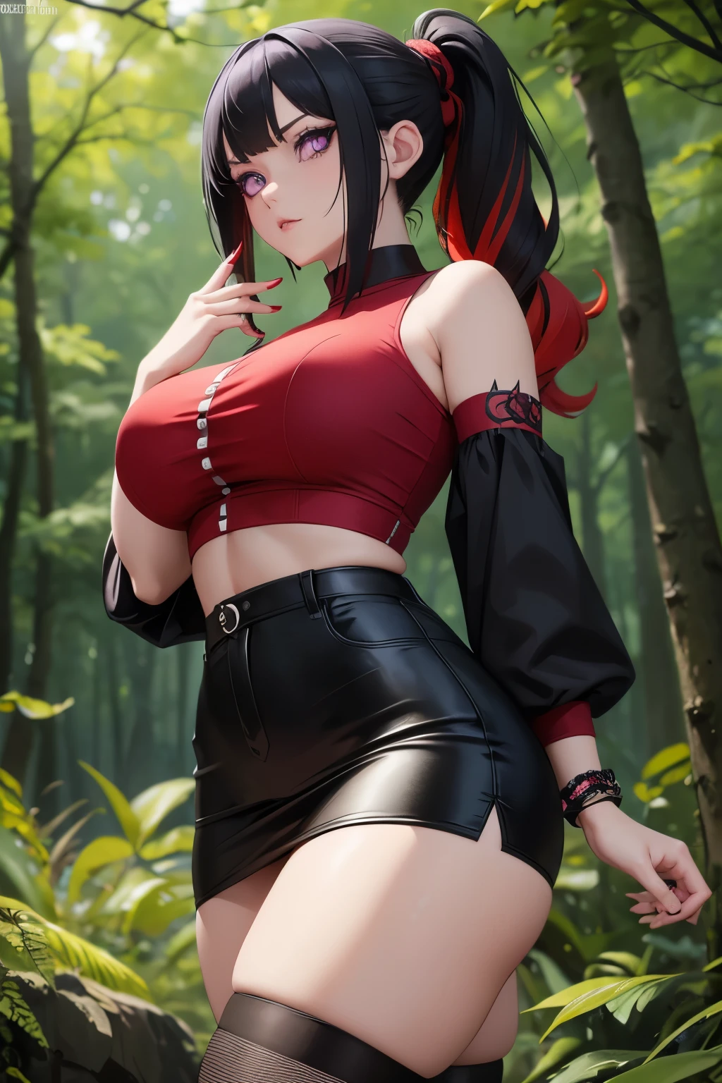 a woman wearing casual clothes, standing in a forest, seductive anime girl, beautiful goth anime girl, arm tattoos, detailed digital anime art, black and red hair, goth anime girl with black hair and red hair, black hair with red highlights, beautiful anime girl, beautiful alluring anime woman, masterpiece, detailed hands, medium length hair with red highlights, hair tied up, detailed face, thigh focus, symmetrical eyes, detailed eyes, prominent pupil, 8k eyes, purple eyes,