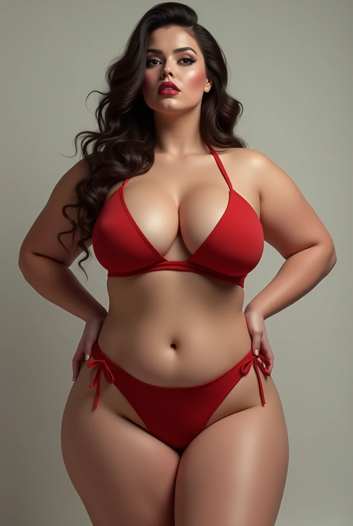 Make a woman with big breasts, big buttocks and in a bikini