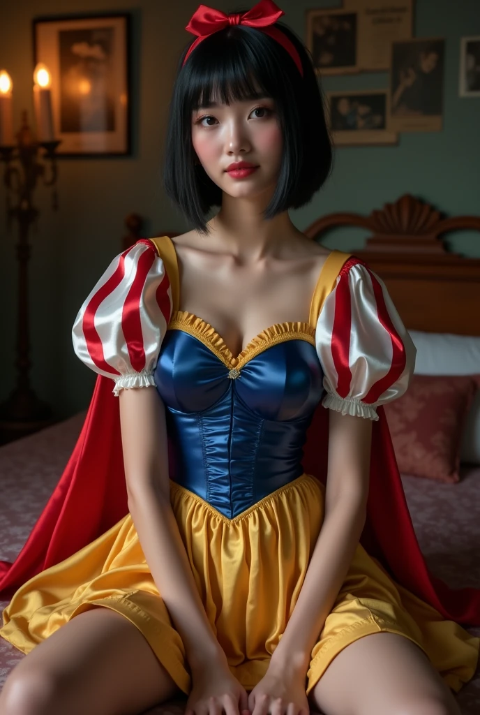 (photorealism:1.2), beautiful woman (more precisely, make it snow white) holding an apple, sitting on bed, He wears clothes that are usually found in Snow White cartoons,His face doesn't have rosy cheeks, but looks like a European