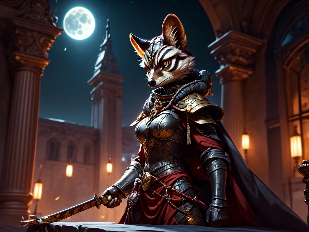 Wide-angle panorama, Cinematic light, Side lighting, hdr, Perfect iris, (applause), Lifelike texture, Ray tracing, hyper HD, full body, diorama、battle ground background、full moon, masterpiece, Best Quality, Capture super cute moments, depth of fields, A female raccoon in medieval armor from the 1200s, custom armor, holding sword, night, medieval castle, stone floor, very detailed, masterpiece, ultra resolution, perfect quality ,vivid colors,fiery eyes,determined expression,confident pose,strong shadows,noble stance,majestic,heroic,vibrant,stylized detail,legendary presence,dark atmosphere,surreal,mythical,adventurous spirit