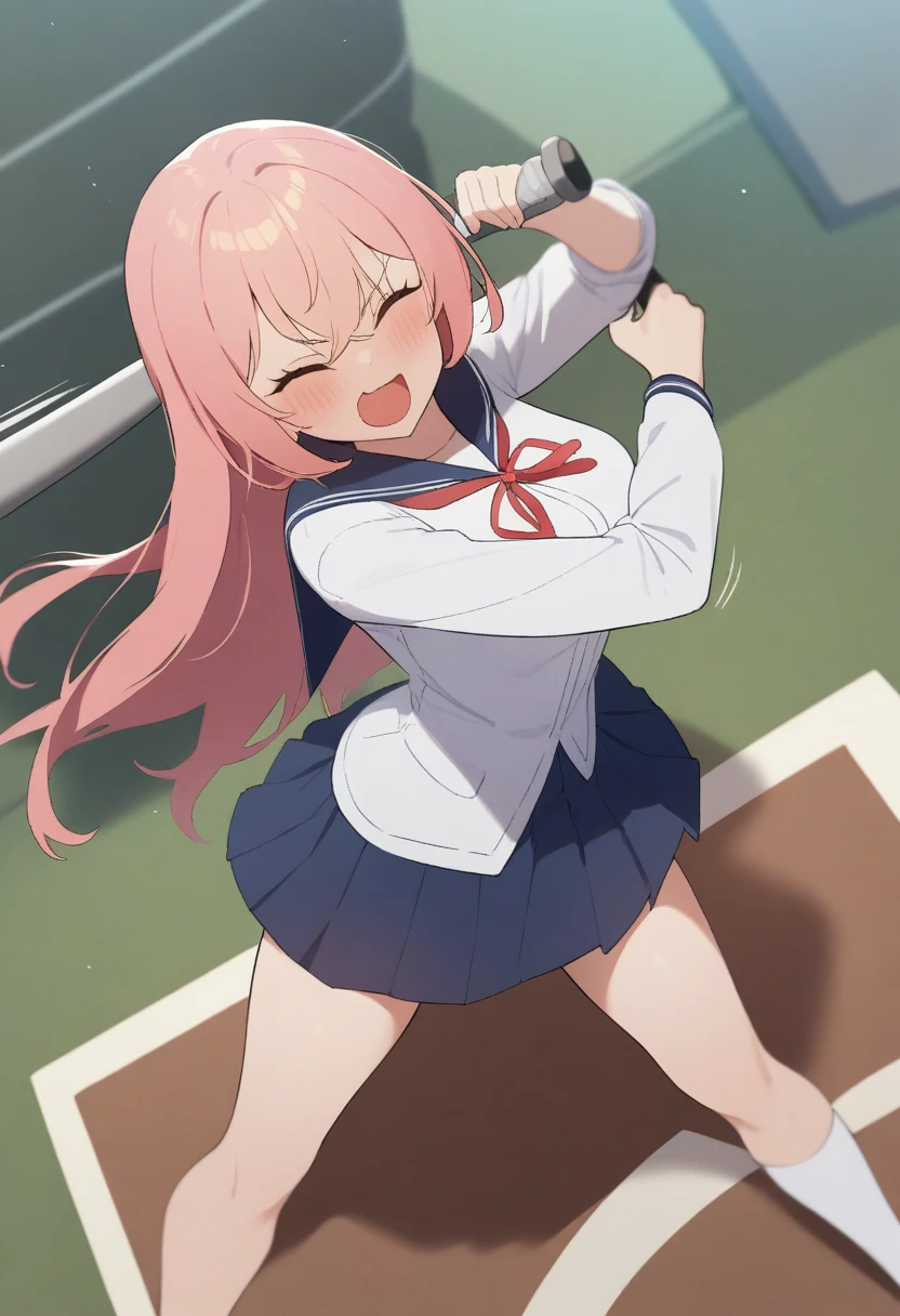 1girl, medium breasts,school uniform,
batting stance, baseball bat,  speed lines, motion blur, motion lines,
from above, feet out of frame, looking ahead, naughty, japanese arch, open mouth,
masterpiece, best quality, very aesthetic, absurdres