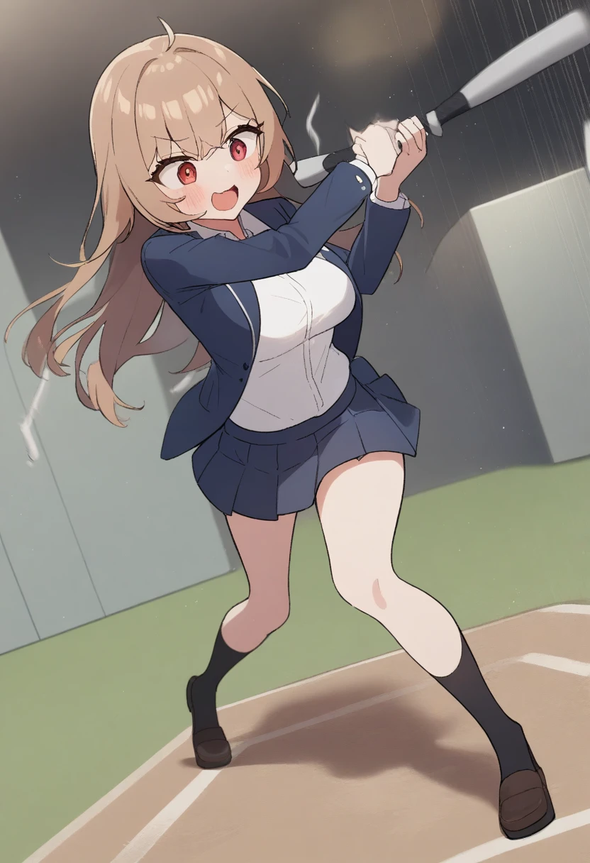 1girl, medium breasts,school uniform,
batting stance, baseball bat,  speed lines, motion blur, motion lines,
from above, feet out of frame, looking ahead, naughty, japanese arch, open mouth,
masterpiece, best quality, very aesthetic, absurdres