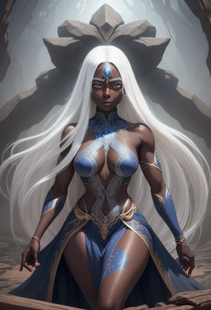 Dark skin, Aztec, female, medium breasts, slender legs, thick thighs, mystical, midriff, stomach, medium skirt, sheer silver top, silver hair, full body, gray eyes, mature, small smile, head tilt, cute eyes, small sheer cloak, moon lit background, five fingers, normal hands, high resolution, (two arms), normal human hands, 2 arms, best quality, vibrant colors, rainbow