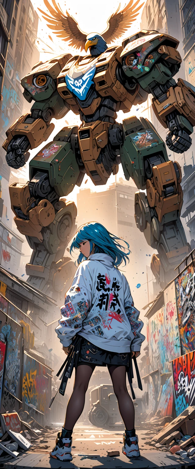 mecha ::Bottom, mixed language_text, Japanese graffiti letters, , Excellent lighting, side lighting, perfect ending :: comix style by joe madureira :: circular pieces of white metal glued to the ultra detailed arms giving off a sparkling shine, perfect and detailed, ultra detailed shirt with abstract design and Japanese graffiti lettering print on the sides of the garment, image of garotas with big breast, banksy art sticker, eagle, freedom, alm, illustration digital, Comic style, , centered, approaching perfection, dynamic, highly detailed, watercolor painting, art station, conceptual art, suave, sharp focus, illustration, arte de Carne Griffiths e Wadim Kashin
