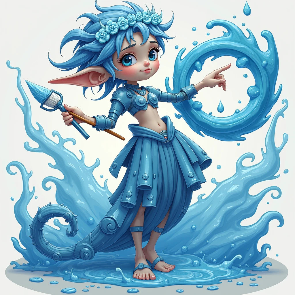 ,Create a sprite for a video game character made entirely of water. A sea princess That is not human with a dress made of water and a large sword with a bush hat and a leaf crown The character must be female with a banana-shaped head facing upwards and have a fluid and semi-chubby body with a symbol of a drop of water on her belly and the elf must have defined but soft features, like eyes like drops of water The character must be in a pose in "t" for 3d modeling. The background must be transparent, since this is for a video game".
"Size": "1024x1024"