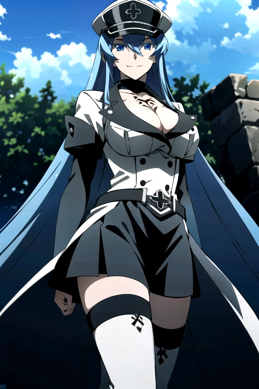 Esdeath, (light smile), breasts, large breasts, (black hat), cleavage, choker, hair between eyes, (black uniform), military, (black military uniform), belt, (black skirt), thighhighs, tattoo, (black peaked cap), chest_tattoo, (simple dark background), outdoors, blue sky, facing the viewer, looking at the viewer,