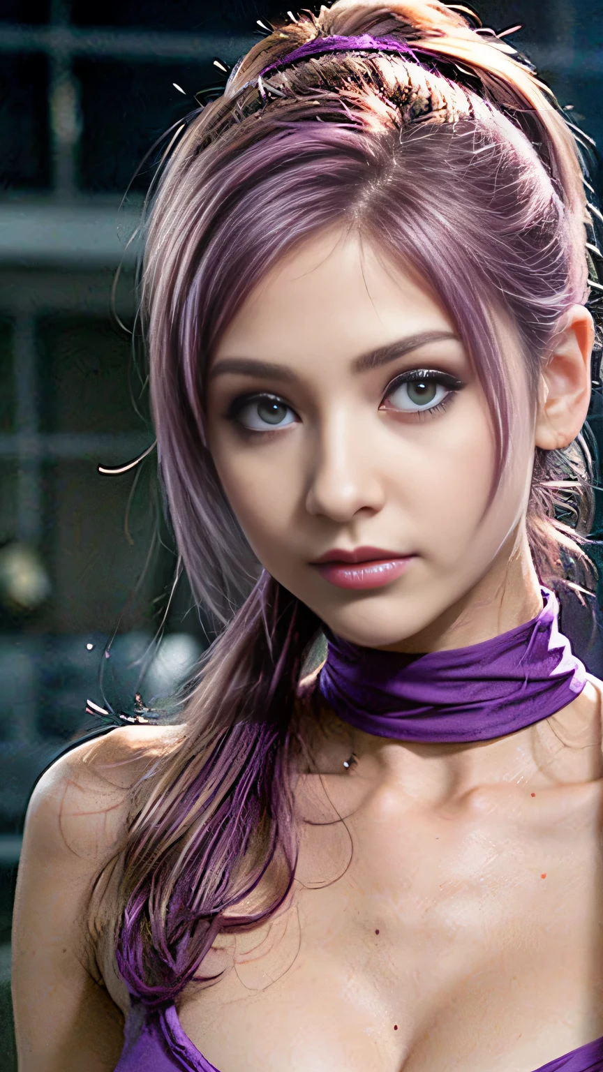 araffes with Purpleの髪 is getting her hair done, Hair Color, Purpleのハイライト, 髪にPurpleの筋, Purpleの髪, UV highlights, flowing Purpleの髪, Purpleの髪, long Purpleの髪, Lavender colored hair, Purpleの長い髪, Purpleの長い髪, Two-tone hair, Lilac Hair, Bright rainbow hair colors, Purple, Dye your hair, long Purpleの髪, masterpiece, 最high quality, high quality, High resolution､((Pose＿random)), The line of sight is this、((ponytail)), (((Upper body portrait)))､Upper body portrait､With a smile