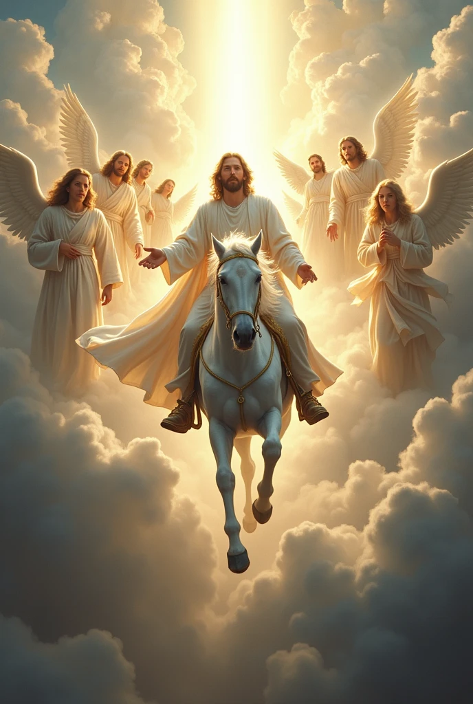 It creates a hyper-realistic and awe-inspiring image for the Six of Staffs of the Lumen Angelis Tarot deck. In this scene, an angelic figure riding a winged Pegasus-like horse greets a crowd beside him, from which emerge five other angelic beings, each holding his own staff, pointing skyward. representing the card. The angel rider also carries a staff that glows with a brilliant golden light, symbolizing victory and recognition.
These staffs glow with a softer, but powerful light, in colors that complement the central staff, signifying support and recognition by others.
A celestial landscape unfolds in the background, with rays of golden light piercing a sky filled with ethereal clouds. The ground beneath them is a smooth, shimmering surface that reflects the light from above, enhancing the sense of elevation and divine favor.
The entire scene is imbued with a sense of harmony and achievement, and the staffs serve both as a symbol of the angel's feat and as a collective recognition of his success.
