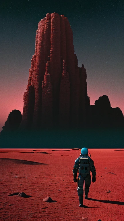 a flat desert of red sand, ruins of an ancient city, night, dark atmosphere, a cosmonaut walks from behind, a mountain of red sand in the distance, a turquoise-blue planet high in the sky, a giant tower glittering in the distance, giant monster skull, dark atmosphere, H.R. Giger, realistic, ultra-detailed.