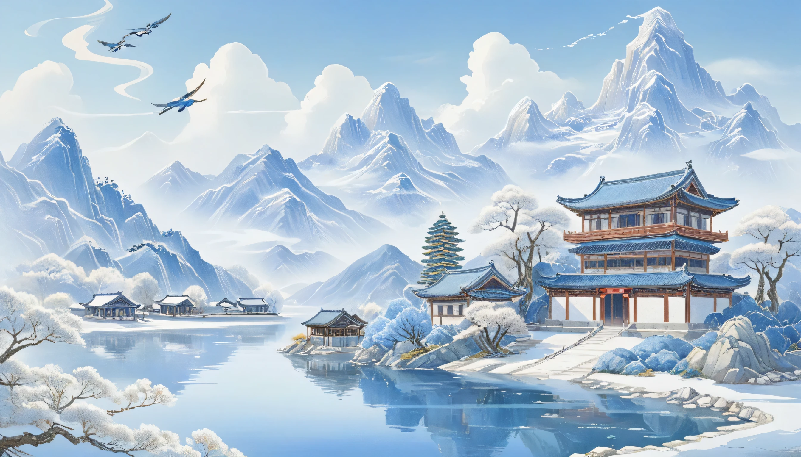 Winter city scene，Realism，Mountain，Tree，Ancient buildings。Lake embellishment。The overall color is blue。