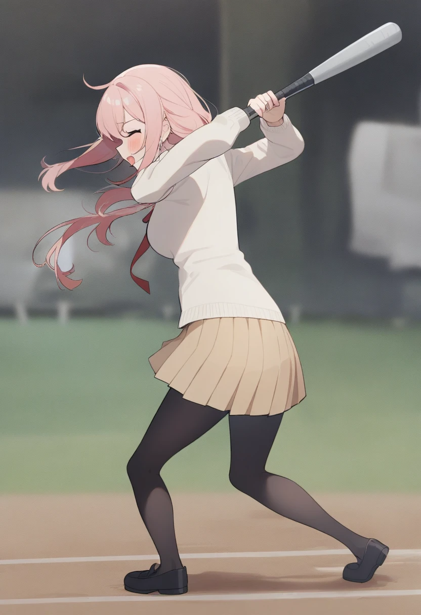 1girl, medium breasts,school uniform,
batting stance, baseball bat,  speed lines, motion blur, motion lines,
from side, panorama shot, looking ahead, doyagao, geyser, open mouth,
masterpiece, best quality, very aesthetic, absurdres