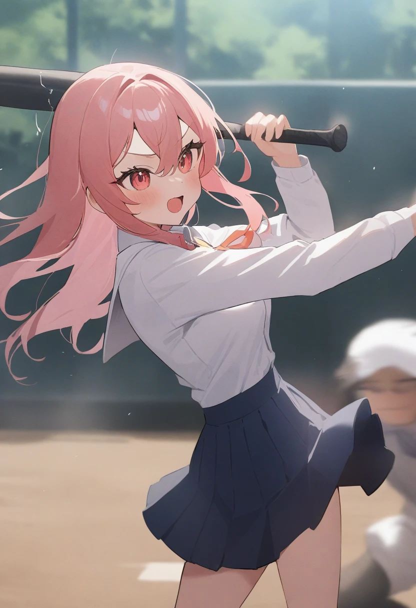 1girl, medium breasts,school uniform,
batting stance, baseball bat,  speed lines, motion blur, motion lines,
from side, panorama shot, looking ahead, doyagao, geyser, open mouth,
masterpiece, best quality, very aesthetic, absurdres