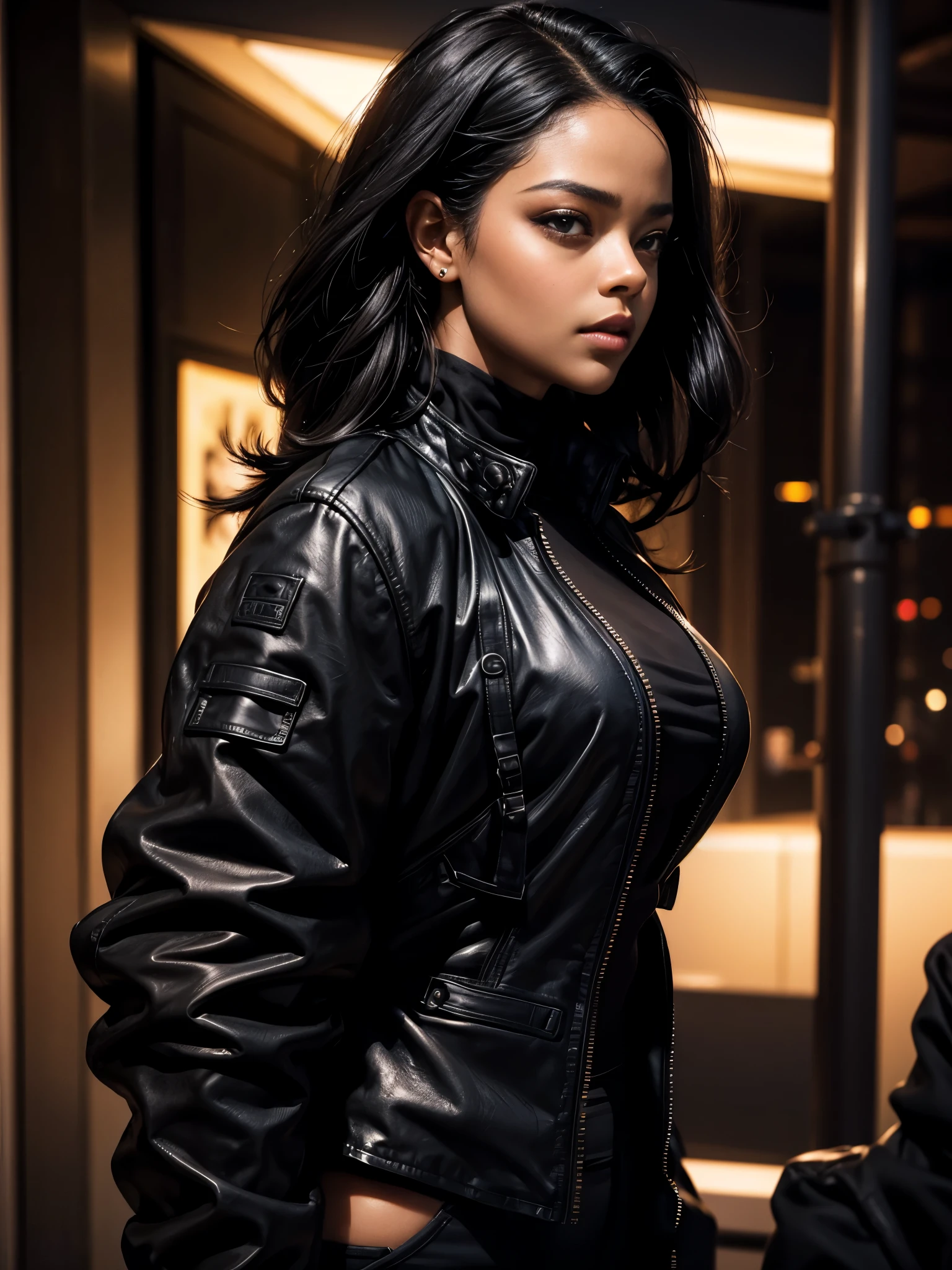 An indoor photo of a fierce woman with intense brown eyes and a bold presence. Her short, edgy black hair adds to her striking appearance. She wears a stylish leather jacket over a sleek top, embodying an edgy and rebellious vibe. The setting is a dimly lit nightclub with a smoke-filled ambiance, creating a mysterious atmosphere. The camera angle captures her upper body, highlighting her confident stance and the dynamic energy of the club.
<lora:PortraitMasterV1:1> 22facelexia88 style